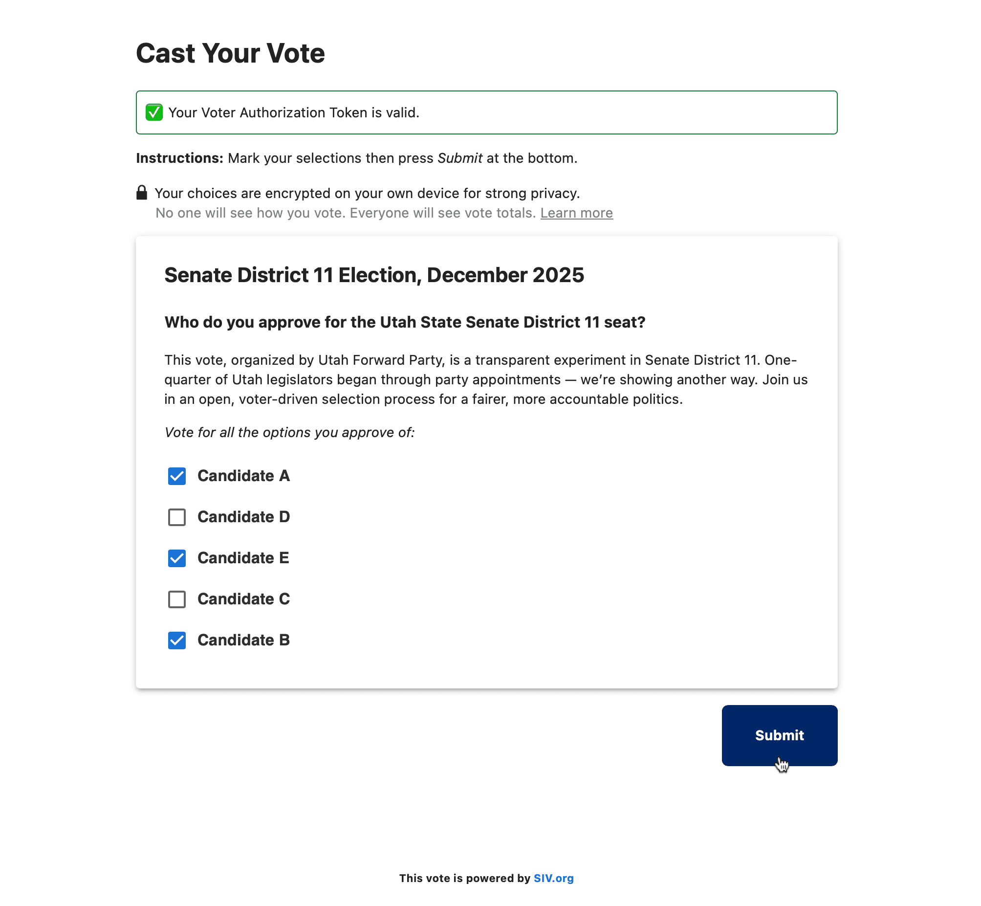 Vote page with selections made